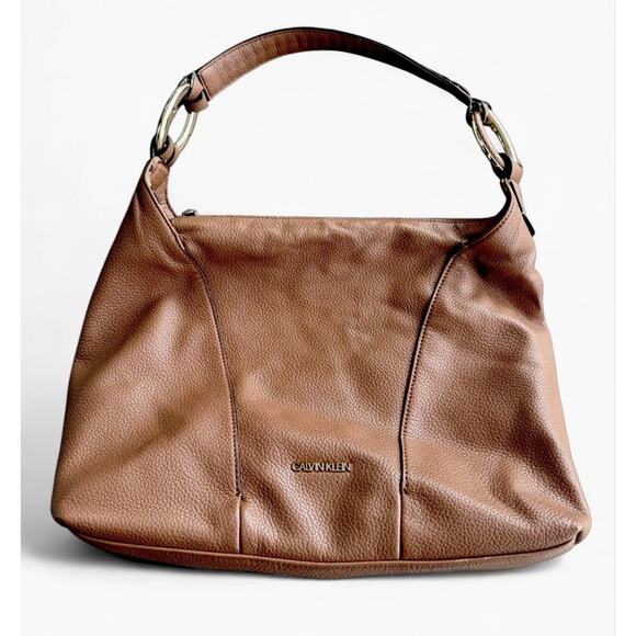 Calvin Klein Ivy Hobo Large Satchel Caramel Tan Brown Leather Boho Bag Purse - Picture 1 of 6